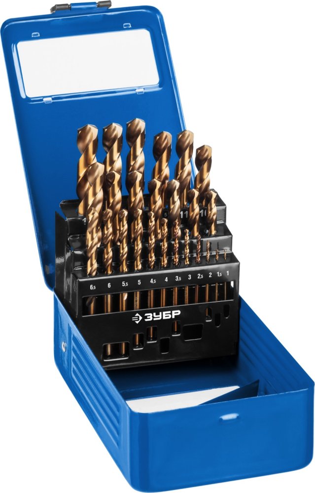 ЗУБР КОБАЛЬТ 25шт(1-13мм), Набор сверл по металлу, сталь Р6М5К5, класс А, мет.бокс