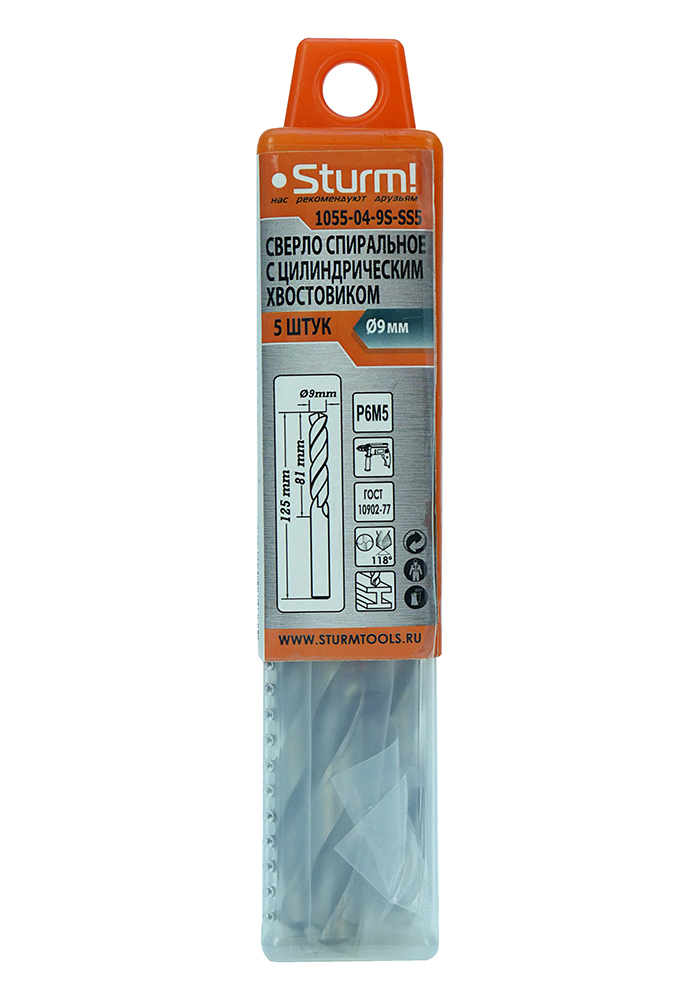 Сверло по металлу Sturm! 9,0х125 мм, сталь HSS, упаковка 5 шт