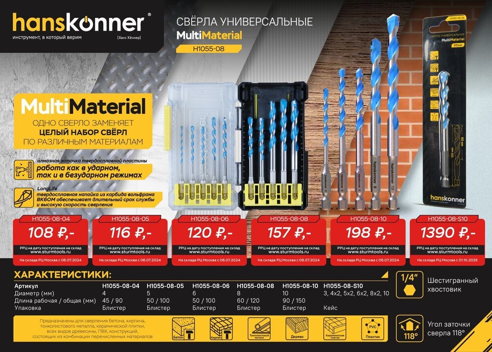 Сверло универсальное 10мм, Hanskonner H1055-08-10
