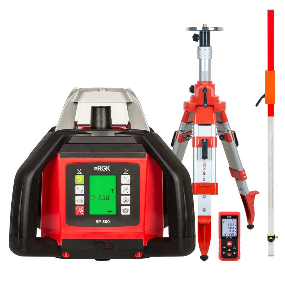 Комплект: ротационный нивелир RGK SP-500 с калибровкой + элевационный штатив RGK SH-170 + рейка RGK LR-2 + дальномер RGK DL100