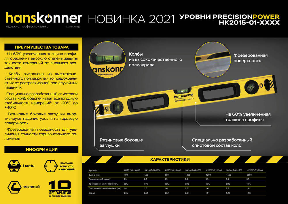 Уровень 1000 мм, фрезеров., магнитный, 3 глазка, точность 0.5мм/м, Hanskonner
