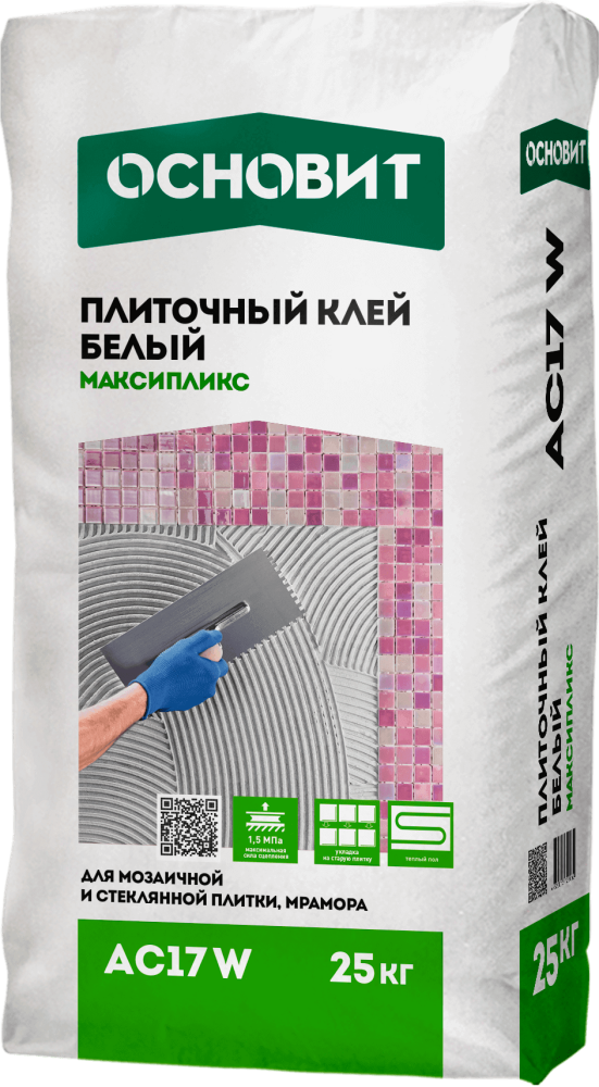 МАКСИПЛИКС AC17W [C2TE] клей профессиональный белый для мрамора, стеклянной и мозаичной плитки ОСНОВИТ 25 кг