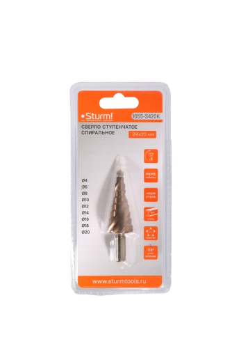 Сверло ступенчатое по металлу 4-20мм шаг 2мм Р6М5+COBALT спираль Sturm!