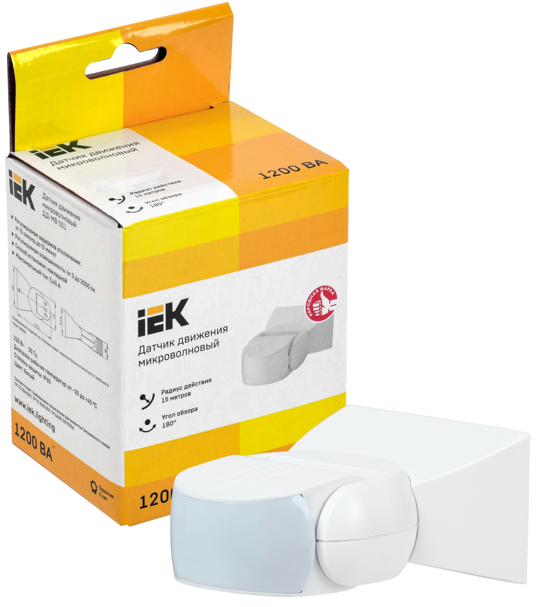 Датчик движения ДД-МВ501 1200Вт 180град 15м IP65 белый IEK