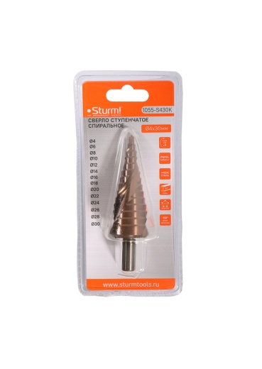Сверло ступенчатое по металлу 4-30мм шаг 2мм Р6М5+COBALT спираль Sturm!