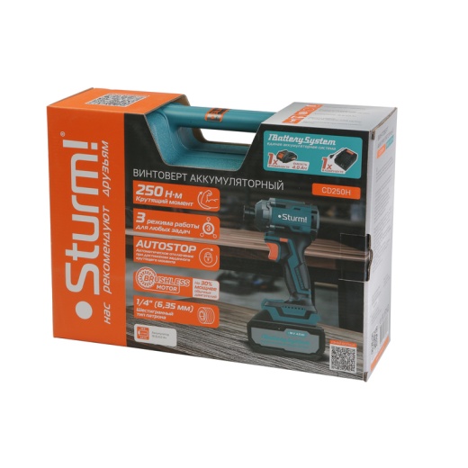 CD250H Винтоверт ударн б/щ Sturm!, 18В, 1BatterySystem, 250Нм, 1/4", 1x4.0Ач, кейс