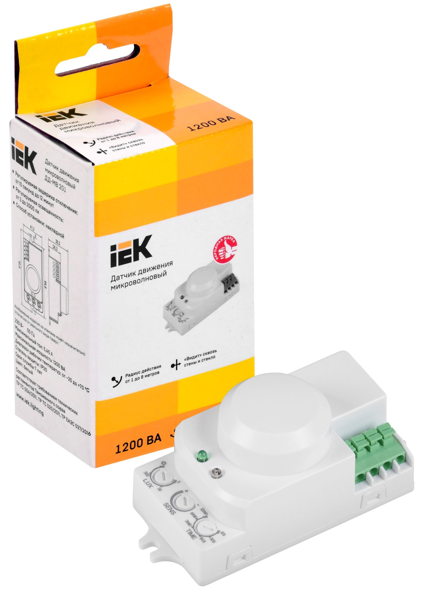 Датчик движения ДД-МВ201 1200Вт 360град 8м IP20 белый IEK