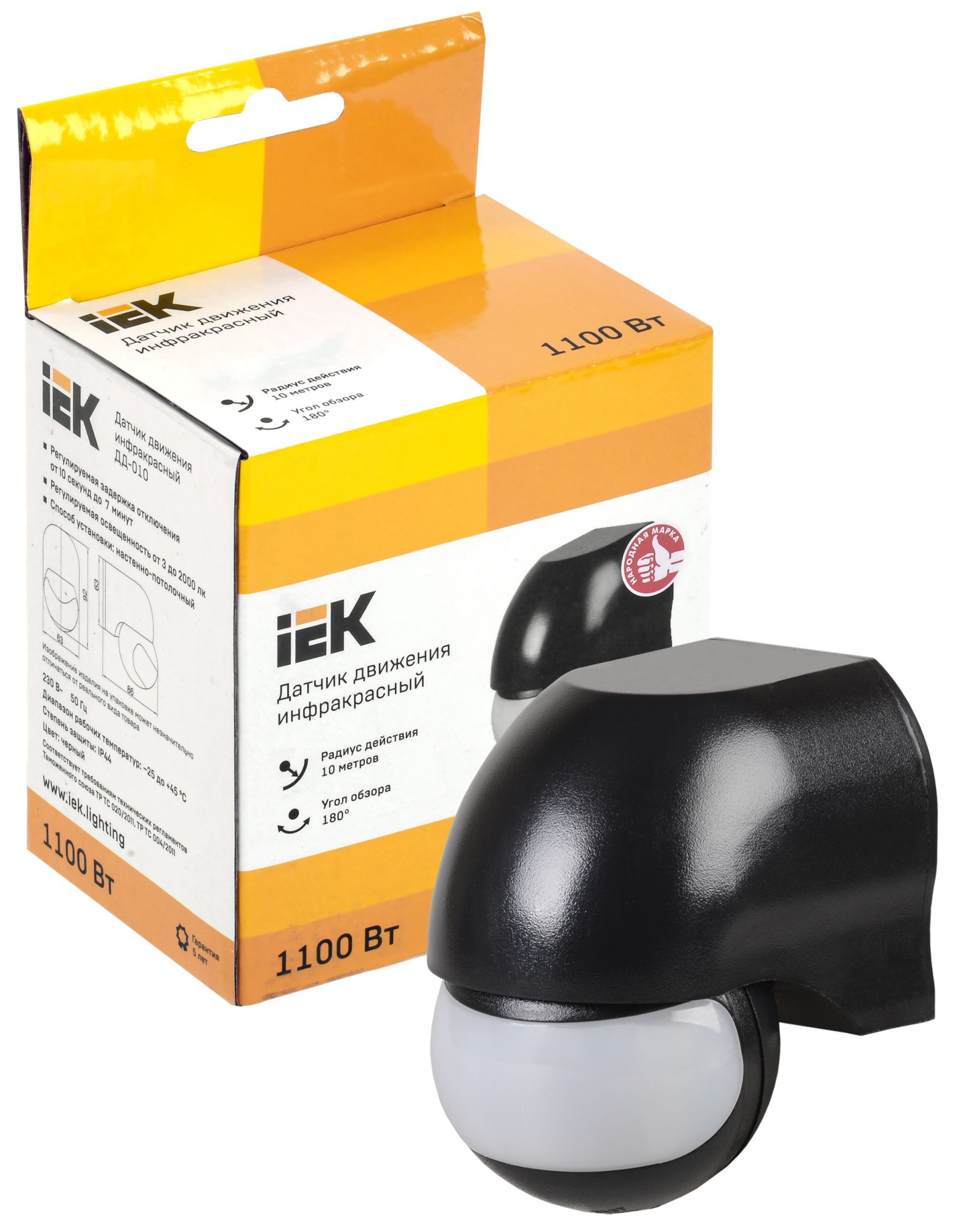 Датчик движения ДД-010 1100Вт 180град 10м IP44 черный IEK