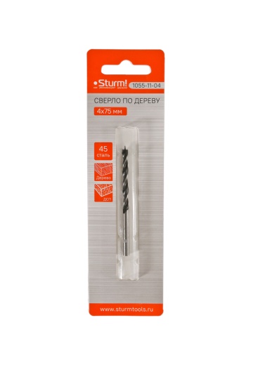 Сверло спиральное по дереву D=4мм, L=75мм, цил. Хв., блистер, Sturm!