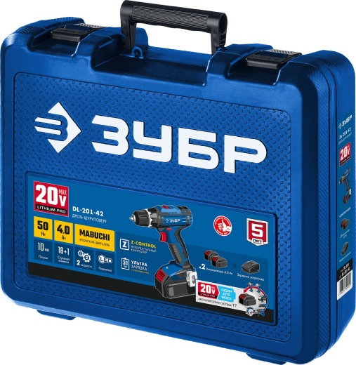 ЗУБР Т7, 20 В, 50 Н·м, 2 АКБ (4 А·ч), дрель-шуруповерт, кейс, Профессионал (DL-201-22)