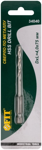 Сверло HSS по металлу,полированное, U-хвостовик под биту, инд.упаковка 4,0 мм